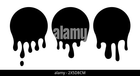 Tropfkreisetiketten lackieren. Schwarze Lackflüssigkeit. Tintentropfenset. Schwarzer Tintenfleck. Stock Vektor