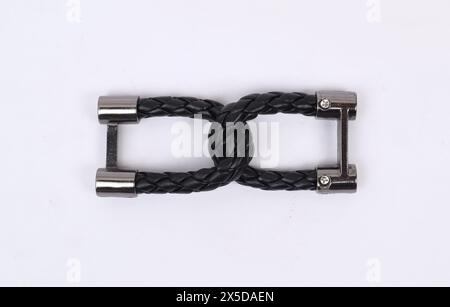 Zubehör für Schuhe, Gürtel und Taschen isoliert auf weißem Hintergrund Stockfoto