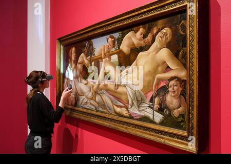 Victoria Sutcliffe inspiziert das Gemälde Venus und Mars (um 1485) des italienischen Renaissance-Künstlers Sandro Botticelli, während es im Fitzwilliam Museum in Cambridge ausgestellt wird, nachdem es die National Gallery in London zum ersten Mal seit der Übernahme 1874 verlassen hat. Das Kunstwerk ist eines von 12 Gemälden aus der Sammlung der National Gallery, die an 12 Standorten im Vereinigten Königreich zur Feier des 200. Geburtstags der Institution am Freitag ausgeliehen werden. Bilddatum: Mittwoch, 8. Mai 2024. Stockfoto