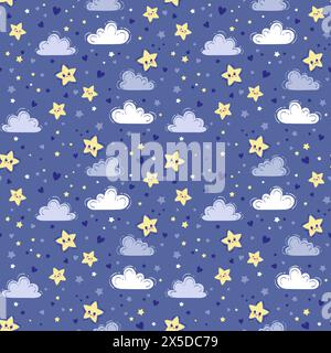 Vektor Hand gezeichnetes nahtloses Muster. Niedlicher Hintergrund mit gelben lächelnden Sternen. Nachthimmel, Babydruck in blauen Farben für Kinderzimmer und Stoff Stock Vektor