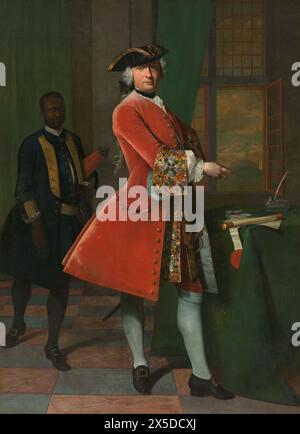 Ghana / Niederlande: Jan Pranger (1700 - 13. April 1773), niederländischer Generaldirektor der Goldküste (R. 1730-1734), Ölgemälde auf Leinwand von Frans van der Mijn (1719 - 20. August 1783), 1742. Die Goldküste Westafrikas wurde 1637 von der Niederländischen Westindien-Kompanie (GWC) von den Portugiesen erobert und diente als Hafen für den Handel mit Gold sowie für die langen Reisen der Flotten nach Asien, wo die Niederlande die Mehrheitsbeteiligung am Gewürzhandel kontrollierten. und nach Amerika, wo die GWC Sklaven schickte. Die Goldküste blieb bis 1872-1874 in niederländischer Hand, als die Briten die Kontrolle übernahm. Stockfoto