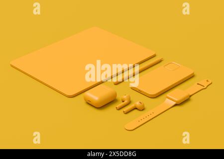 Computer-Tablet aus Aluminium mit Eingabestift, Smart Watch, Telefon und Kopfhörern auf monochromem Hintergrund. 3D-Renderkonzept der kreativen Designerausrüstung und Stockfoto