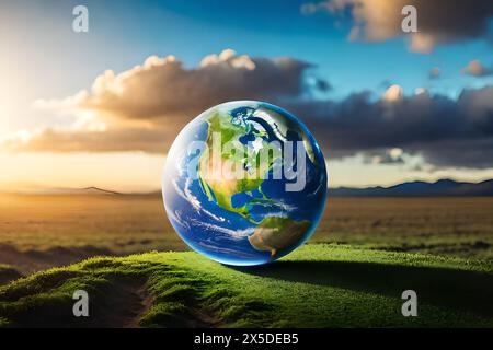 Tag Der Erde - Umwelt - Grüner Globus Im Wald Mit Moos Und Unscharfem Abstraktem Sonnenlicht. Hochwertige Fotos Stockfoto