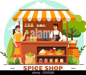 Gewürz-Shop-Vektor-Illustration mit verschiedenen heißen Saucen, Gewürzen, exotischen frischen Gewürzen und traditionellen Kräutern im flachen Zeichentrickhintergrund Stock Vektor