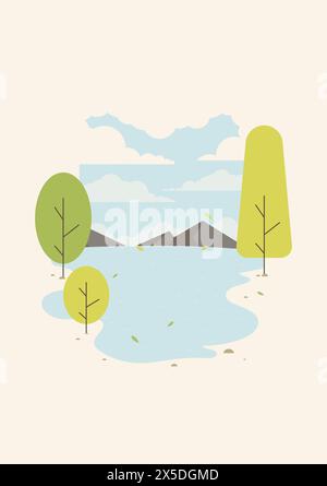 Naturlandschaft einfache kindliche Illustration. Grüne Baumpflanzen in der Nähe des Sees. Sommerpanorama in modernem Stil. Abstrakte ländliche Umgebung Stock Vektor
