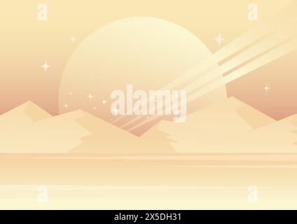 Saturn, der in den Bergen aufsteigt. Ästhetischer kosmischer Planet mit Sternenhimmel. Illustration der Sahara-Dünen. Farbenfrohe, kindliche, abstrakte Hintergrundplakate. Stock Vektor