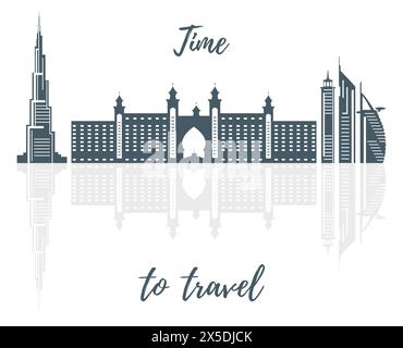 Die Silhouette der Wolkenkratzer der Vereinigten Arabischen Emirate. Dubai Gebäude, Hotels und Symbolvektorillustration. Skyline von Dubai. Türme und Wahrzeichen der Stadt Stock Vektor