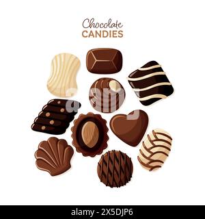 Set von Schokoladenbonbons in verschiedenen Formen. Süßes Dessert. Isolierte Vektordarstellung Stock Vektor