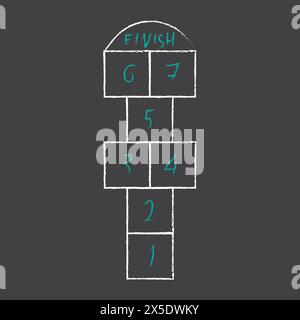 Happscotch-Kinderspiel. Hopscotch mit farbigen Zahlen in Kreide auf Asphalt. Sommerspiel im Freien Stock Vektor