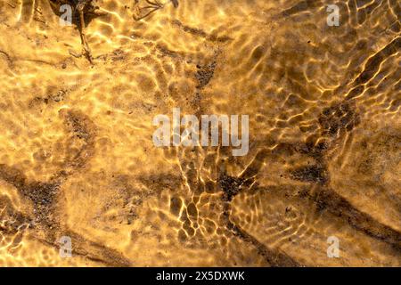 Sonnenlicht auf der Oberfläche des Baches. Der gelbe Sandboden ist durch die Wellen des klaren Flusses zu sehen. Wassertag. Abstrakter Hintergrund. Stockfoto