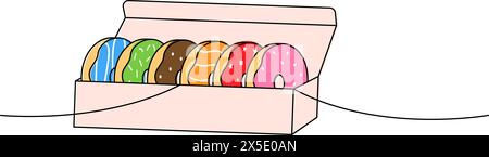Glasierte Donuts in Karton, einzeilige, durchgehende Zeichnung. Bäckerei, süßes Gebäck. Lineare Vektordarstellung. Stock Vektor