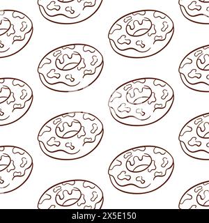 Nahtloses Donut-Muster im Line-Art-Stil. Einfache handgezeichnete Tapete für Design, Restaurant, Lieferung, Bäckerei Menü. Vektorabbildung auf weiß Stock Vektor