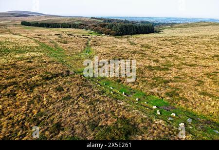 Schaufel Steinreihen ab, Dartmoor UK. Wahrscheinlich Bronzezeit. Reihe 4 Ableitungen N. W von unten rechts zum vierfachen Kreis und Reihen 3 und 2 verzweigen nach rechts Stockfoto