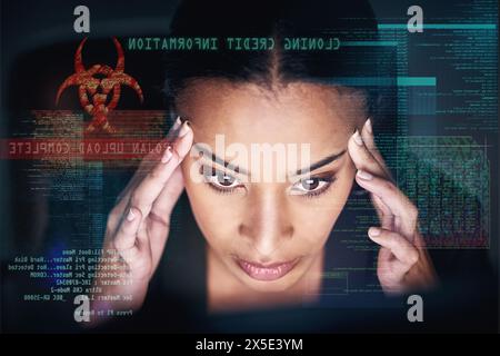 Frau, Überlagerung und Stress mit Cybersicherheit bei Betrug oder Klonen für Kreditkarten, Informationen und Daten. Computer-, Hacker- und Cyberkriminalität im Online-OP Stockfoto