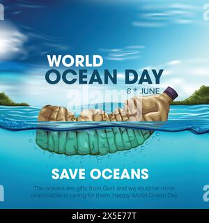 Retten Sie unsere Ozeane. World Oceans Day Design mit Plastikflasche. Abstraktes Vektor-Illustrationsdesign Stock Vektor