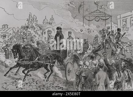 Russisch-Türkischer Krieg (1877-1878). Einreise von Zar Alexander II. Von Russland (1818-1881) nach Ploiesti (Rumänien). Das russische Armeekorps, das in Kischeneff kantiert wurde, war derjenige, der Rumänien einreiste, um die Donau zu überqueren. Gravur. "La Guerra de Oriente" (russisch-türkischer Krieg). Band I. 1877. Stockfoto