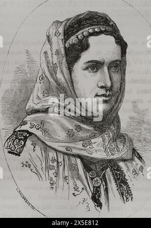 Elisabeth von Wied (Pauline Elisabeth Ottilie Luise) (1843-1916). Königin von Rumänien als Ehefrau von König Carol I. Sie war Romanautorin unter dem Pseudonym Carmen Sylva. Porträt als Prinzessin in traditioneller Tracht. Gravur. "La Guerra de Oriente" (russisch-türkischer Krieg). Band I. 1877. Stockfoto