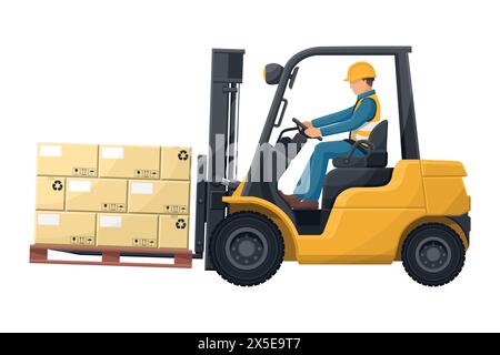 Industriearbeiter, der vorsichtig einen Gabelstapler fährt. Gelber Gabelstapler, der eine Verpackungspalette zu einem Lager transportiert. Industrielle Lagerung und Verteilung Stock Vektor
