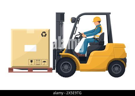 Industriearbeiter, der vorsichtig einen Gabelstapler fährt. Gelber Gabelstapler, der eine Verpackungspalette zu einem Lager transportiert. Industrielle Lagerung und Verteilung Stock Vektor