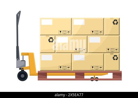 Hydraulischer Schlittschuh mit Kisten auf einer Palette. Fracht- und Versandlogistik. Industrielle Lagerung und Verteilung von Produkten Stock Vektor