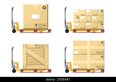 Hydraulischer Schlittschuh mit Kisten auf einer Palette. Fracht- und Versandlogistik. Industrielle Lagerung und Verteilung von Produkten Stock Vektor
