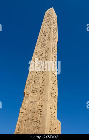 Einer der vielen Obelisken, die einst innerhalb des Tempelkomplexes in Karnak, Oberägypten, standen. Heute UNESCO-Weltkulturerbe. Stockfoto