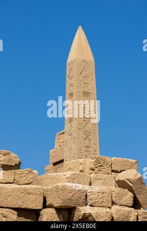 Einer der vielen Obelisken, die einst innerhalb des Tempelkomplexes in Karnak, Oberägypten, standen. Heute UNESCO-Weltkulturerbe. Stockfoto