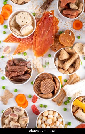 Gesunde Snacks, Hundetraining Leckereien. Auswahl an Snacks für Haustiere, Hundekekse Knochen mit Gemüse und Müsli, verschiedene getrocknete Fleisch- und Schlachtnebenerzeugnisse Stockfoto