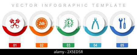 Symbolsatz für Autoservice und Werkstatt, verschiedene Vektorsymbole wie Kolben, Piller, Schraubenschlüssel und Werkzeuge, Infografik-Vorlage für modernes Design, Web-aber Stock Vektor