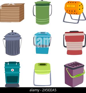 Compost bin Set Cartoon Vektor Illustration Stock Vektor