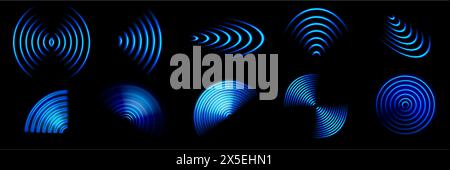 WLAN WAVE. 3D wifi blaues Neonlicht Radialwelleneffekt, abstraktes drahtloses Internet-leuchtendes Signalzeichen. Sound Scan Radar, mobile Hotspot Technologie Vektorsatz. Digitale Technologie, Signal Stock Vektor
