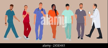 Ein Satz lächelnder Ärzte, Krankenschwestern, Sanitäter-Vektor. Stock Vektor