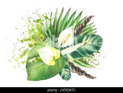 Strauß aus tropischen Blättern, weißen Blumen, Palmblatt auf Aquarellspritzern, Flecken im Hintergrund. Heimpflanze. Exotische Knospen, Dschungel-Grün Clipart-Bunch Stockfoto