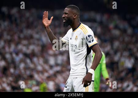 Antonio Rudiger von Real Madrid reagiert beim Halbfinalspiel der UEFA Champions League zwischen Real Madrid und dem FC Bayern München am 8. Mai 2024 im spanischen Madrid im Estadio Santiago Bernabeu. (Foto von QSP) Stockfoto