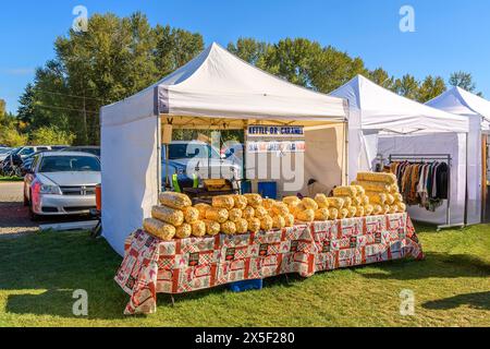 Ein Popcorn-Kessel mit Zelt und Kiosk aus Mais und Karamell im Rahmen eines Herbsterntefestivals in der ländlichen Landschaft in der Nähe von Spokane, Washington, USA. Stockfoto