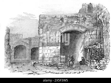 Holzgravierung des Stephanstors eines der sieben Tore der Altstadt von Jerusalem in der antiken, illustrierten Familienbibel aus dem 19. Jahrhundert Stockfoto