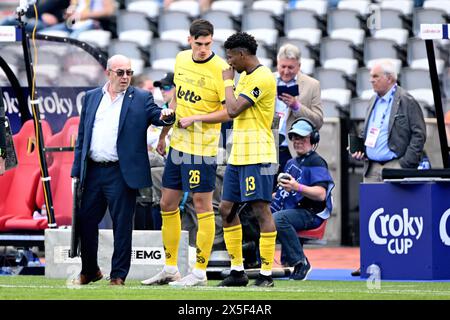 BRÜSSEL - (l-r) Ross Sykes von Royale Union Saint-Gilloise, Kevin Rodriguez von Royale Union Saint-Gilloise beim Finale des belgischen Croky Cup zwischen Union St Gillis und Royal Antwerp FC im King Baudouin Stadium am 9. Mai in Brüssel, Belgien. ANP | Hollandse Hoogte | GERRIT VAN COLOGNE Stockfoto