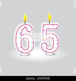 Geburtstagskerze Nummer 65. Verlaufsleuchte oben. Bunte Punkte. Vektorabbildung. Stock Vektor