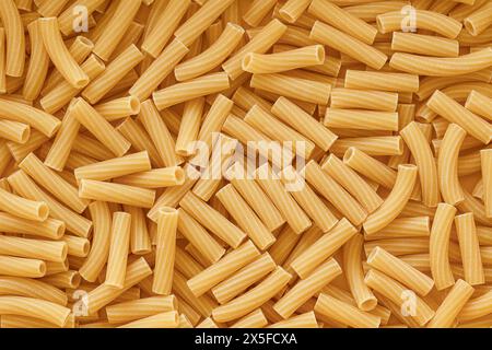 Chaotischer Haufen ungekochter Rigatoni-Pasta-Hintergrund. Stockfoto