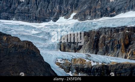 Ein kleiner Gletscher in der Nähe des Athabasca-Gletschers und des Columbia Ice Fields in Alberta, Kanada. Stockfoto