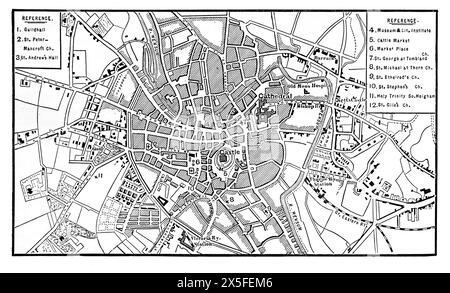 Eine Karte von Norwich, wie es im 19. Jahrhundert aussah. Schwarz-weiß-Illustration aus unserem eigenen Land Band III, veröffentlicht von Cassell, Petter, Galpin & Co. Im späten 19. Jahrhundert. Stockfoto