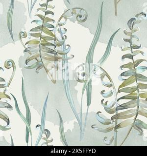 Nahtloses Aquarellmuster mit Farn und Gras. Handgezeichnet. Stockfoto