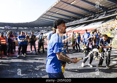 Brüssel, Belgien Mai 2024. Cameron Puertas Castro feiert nach dem Sieg des Spiels zwischen RUSG Royale Union Saint-Gilloise gegen RAFC Royal Antwerp FC, dem Finale des belgischen Croky Cups, im King Baudouin Stadion in Brüssel am Donnerstag, den 9. Mai 2024. BELGA FOTO GOYVAERTS Credit: Belga Nachrichtenagentur/Alamy Live News Stockfoto