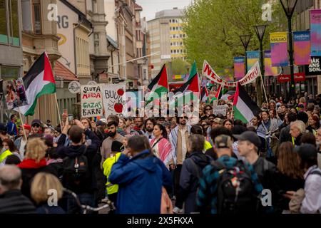 Malmö, Donnerstag, 9. Mai 2024. Demonstration gegen Israels Teilnahme an Eurovision in Malmö, Donnerstag, 9. Mai 2024. Israel nimmt am zweiten Halbfinale des Songwettbewerbs am Donnerstag Teil. (Foto: Ida Marie Odgaard/Ritzau Scanpix) Credit: Ritzau/Alamy Live News Stockfoto