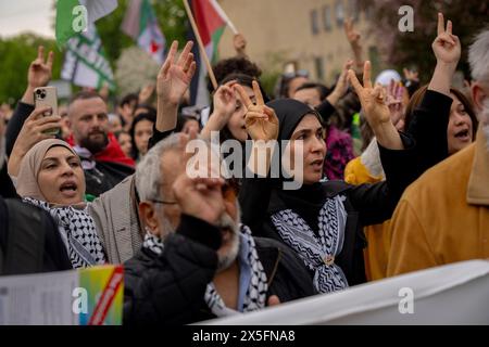 Malmö, Donnerstag, 9. Mai 2024. Demonstration gegen Israels Teilnahme an Eurovision in Malmö, Donnerstag, 9. Mai 2024. Israel nimmt am Donnerstag am zweiten Halbfinale des Gesangswettbewerbs Teil. (Foto: Ida Marie Odgaard/Ritzau Scanpix) Credit: Ritzau/Alamy Live News Stockfoto