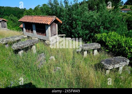 Getreidespeicher in Paredes, Leiro, Ourense, Spanien Stockfoto