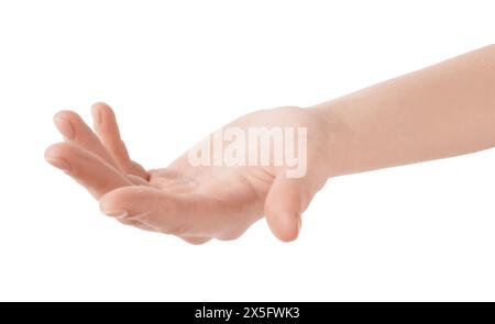 Frau, die Hand auf weißem Hintergrund hält, Nahaufnahme Stockfoto