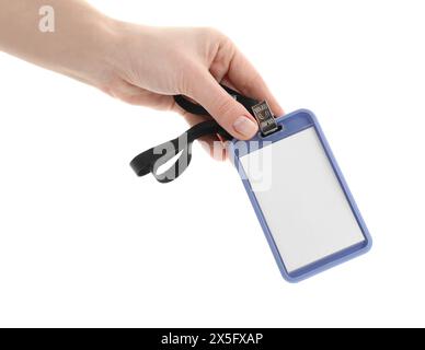 Frau mit leerem Abzeichen mit Schnur auf weißem Hintergrund Stockfoto