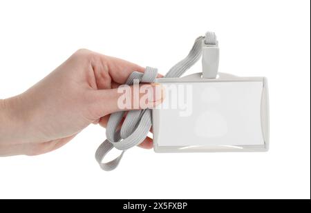 Frau mit leerem Abzeichen mit Schnur auf weißem Hintergrund Stockfoto