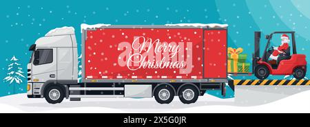 Weihnachtsmann fährt einen Gabelstapler. Verladung von Geschenken auf einen Containerwagen an der Lade- und Entladestelle. Konzept für Frachtlogistik und Transport von High Stock Vektor
